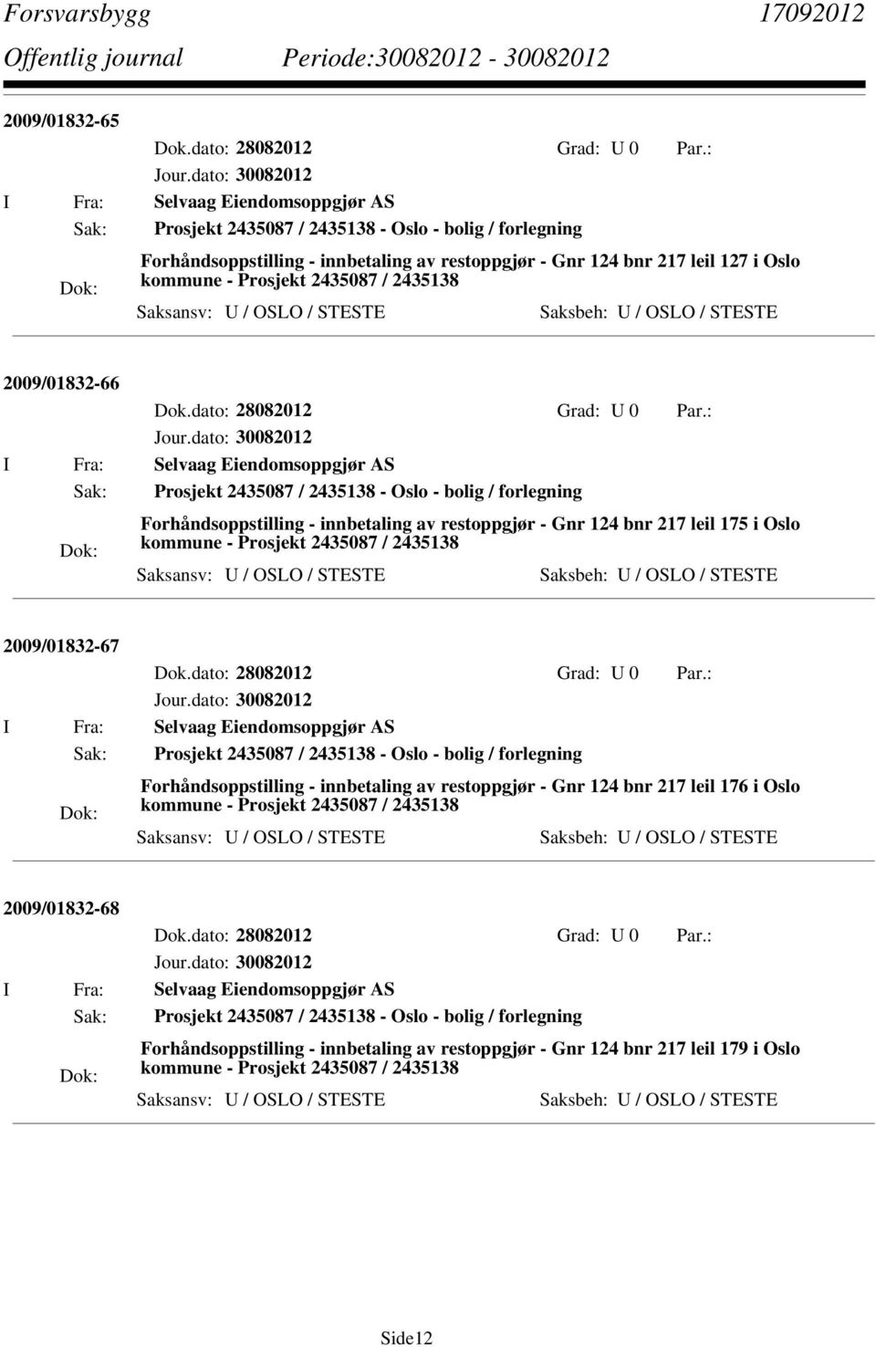 2435087 / 2435138 Saksansv: U / OSLO / STESTE Saksbeh: U / OSLO / STESTE 2009/01832-66 Dok.dato: 28082012 Grad: U 0 Par.