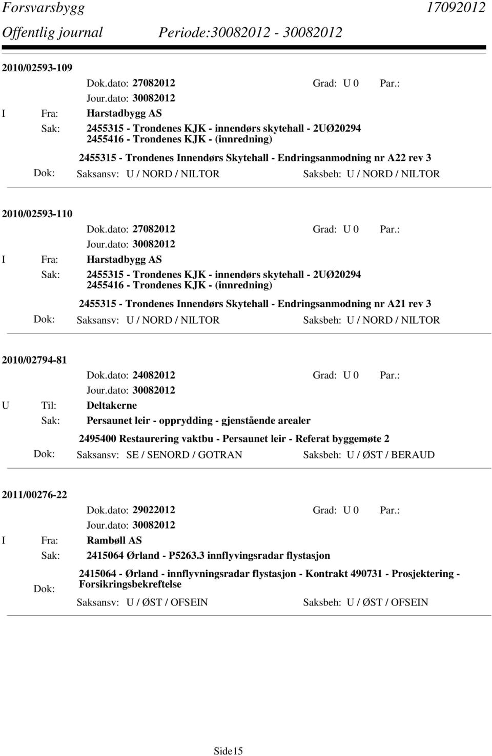 Saksansv: U / NORD / NILTOR Saksbeh: U / NORD / NILTOR 2010/02593-110 Dok.dato: 27082012 Grad: U 0 Par.