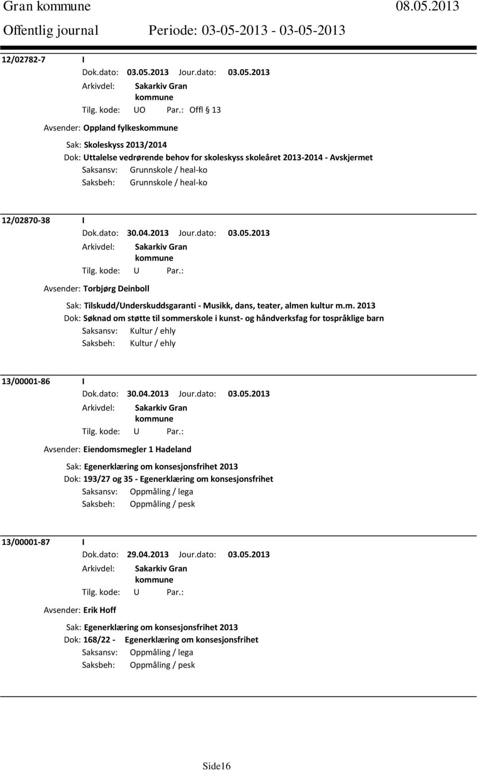 / heal-ko 12/02870-38 I Dok.dato: 30.04.2013 Jour.dato: 03.05.2013 Avsender: Torbjørg Deinboll Sak: Tilskudd/Underskuddsgaranti - Musikk, dans, teater, alme