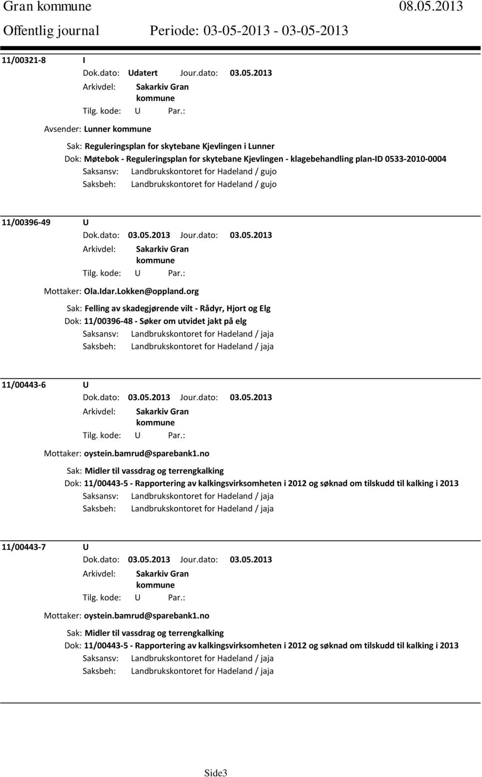 2013 Avsender: Lunner Sak: Reguleringsplan for skytebane Kjevlingen i Lunner Dok: Møtebok - Reguleringsplan for skytebane Kjevlingen - klagebehandling plan-id 0533-2010-0004 Saksansv: