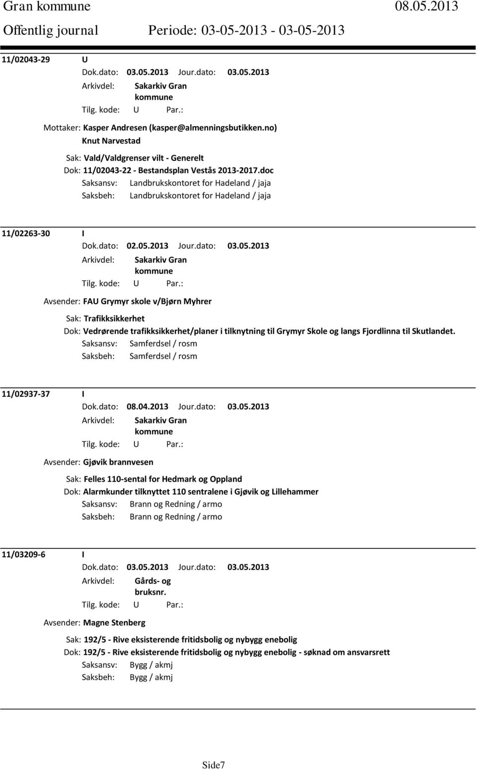 2013 Jour.dato: 03.05.2013 Avsender: FAU Grymyr skole v/bjørn Myhrer Sak: Trafikksikkerhet Dok: Vedrørende trafikksikkerhet/planer i tilknytning til Grymyr Skole og langs Fjordlinna til Skutlandet.