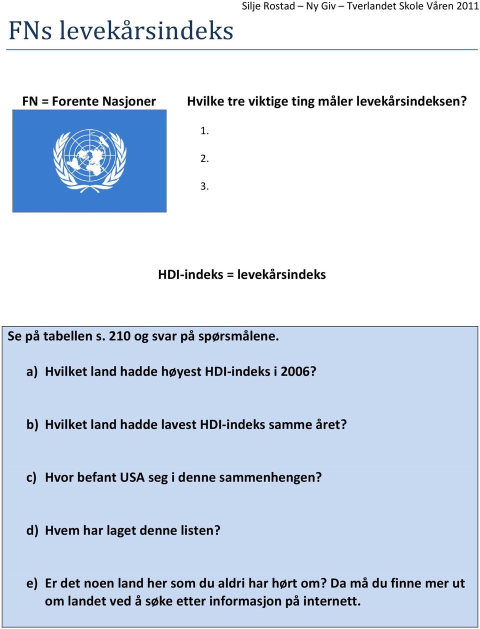 a) Hvilket land hadde høyest HDI-indeks i 2006? b) Hvilket land hadde lavest HDI-indeks samme året?