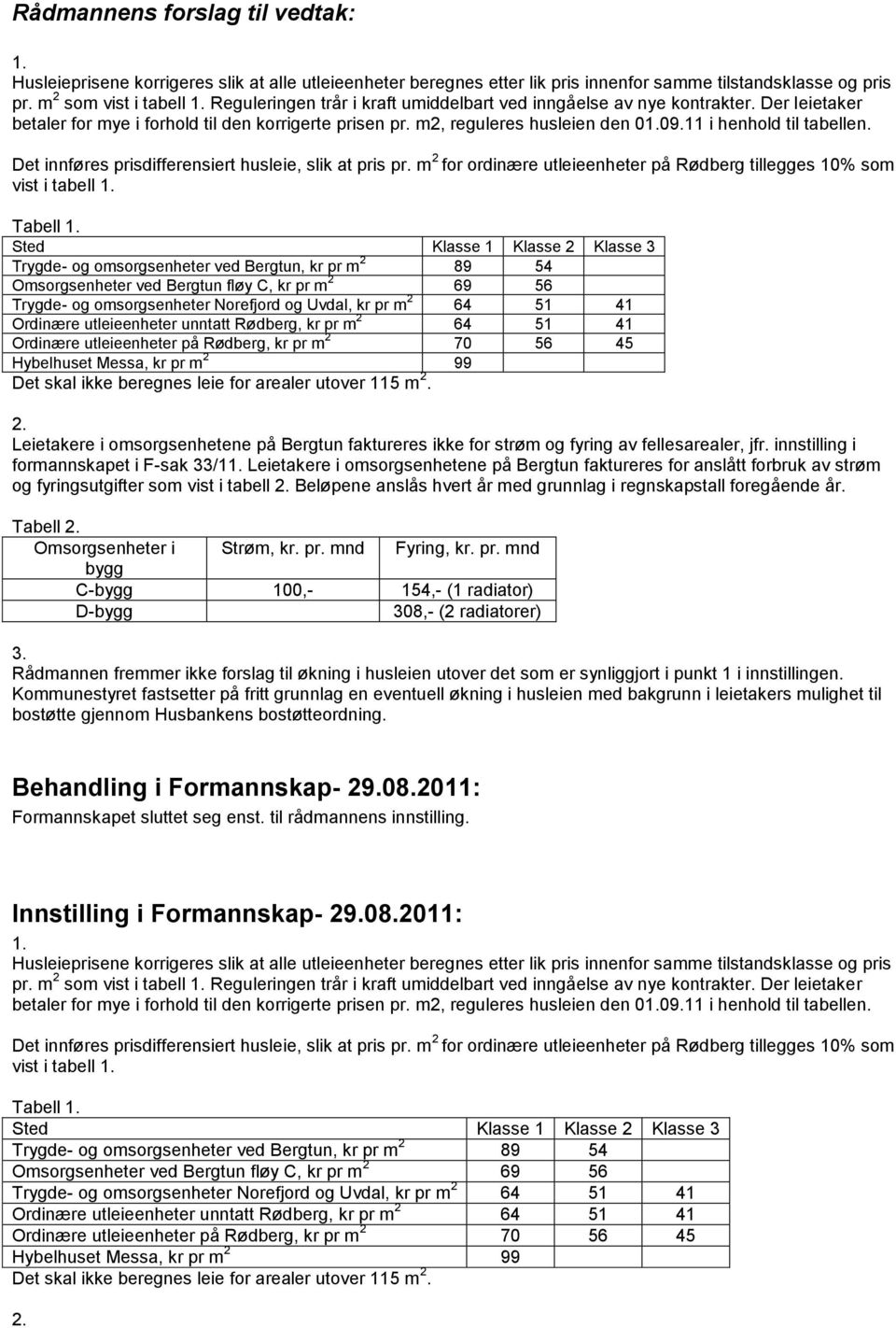 Det innføres prisdifferensiert husleie, slik at pris pr. m 2 for ordinære utleieenheter på Rødberg tillegges 10% som vist i tabell 1. Tabell 1.