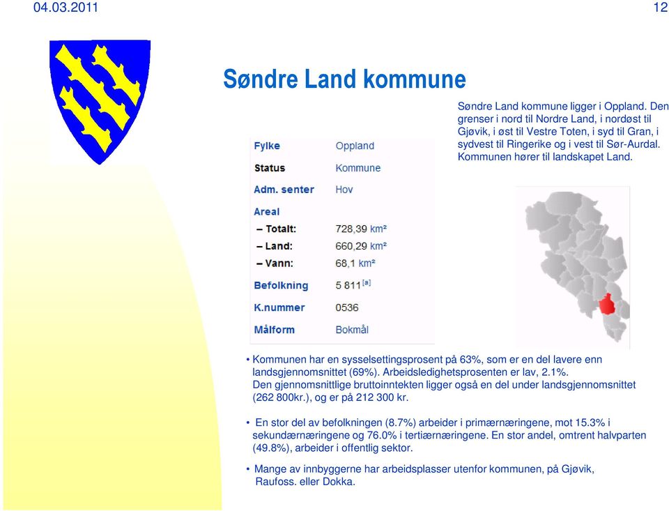 Kommunen har en sysselsettingsprosent på 63%, som er en del lavere enn landsgjennomsnittet (69%). Arbeidsledighetsprosenten er lav, 2.1%.