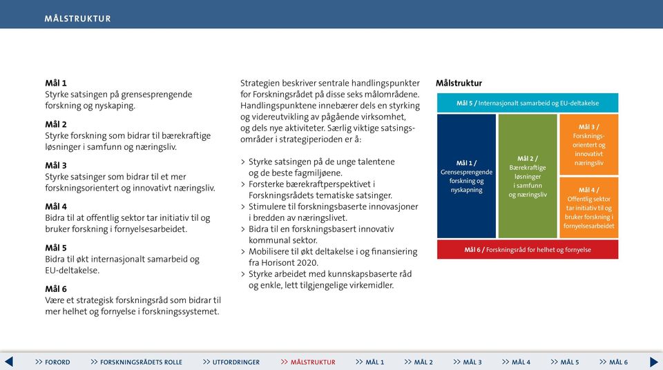 Mål 5 Bidra til økt internasjonalt samarbeid og EU-deltakelse. Mål 6 Være et strategisk forskningsråd som bidrar til mer helhet og fornyelse i forsknings systemet.