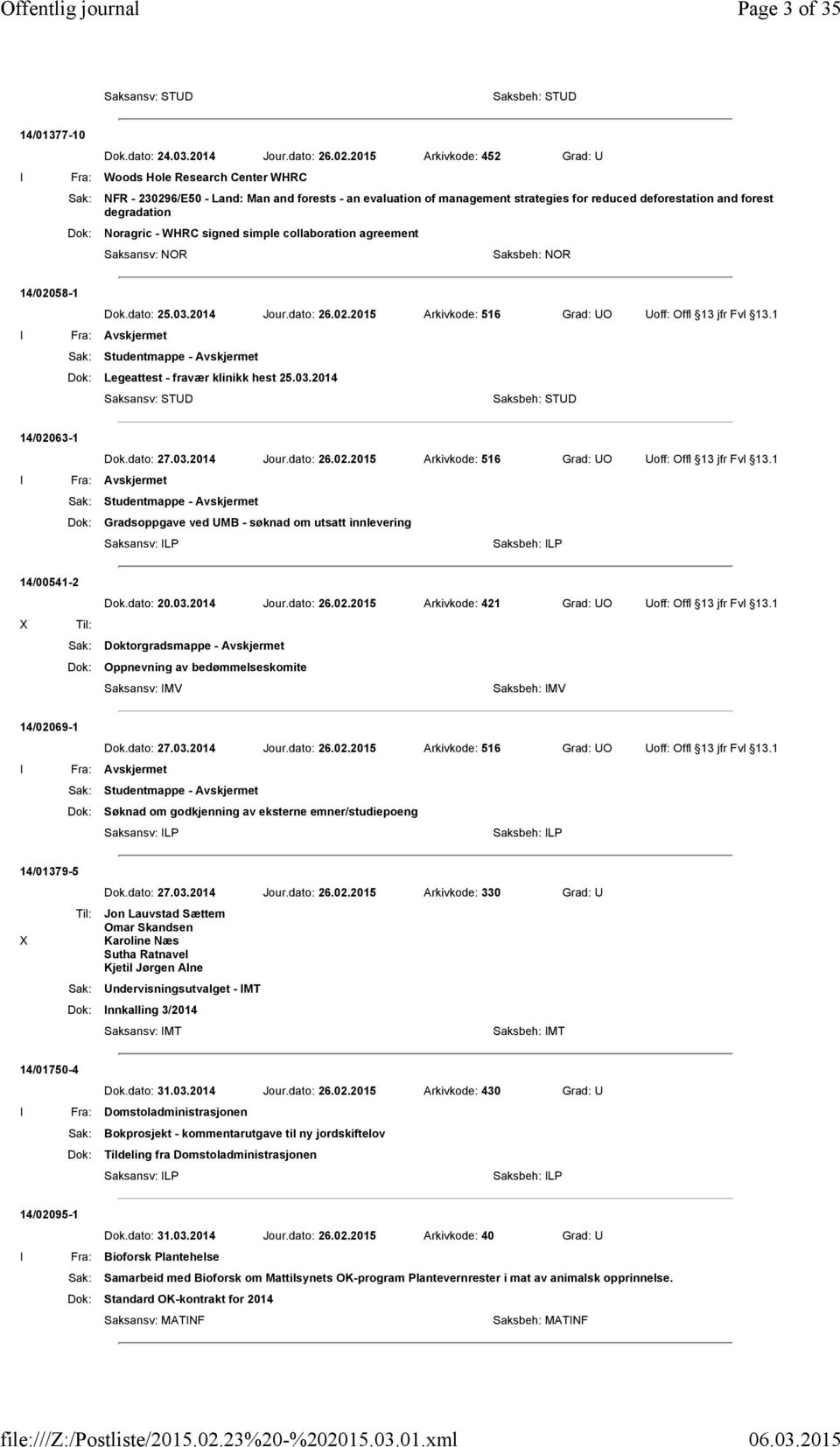 degradation Dok: Noragric - WHRC signed simple collaboration agreement Saksansv: NOR Saksbeh: NOR 14/02058-1 Dok.dato: 25.03.2014 Jour.dato: 26.02.2015 Arkivkode: 516 Grad: UO Uoff: Offl 13 jfr Fvl 13.