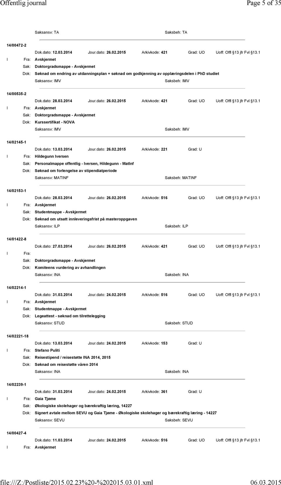 2015 Arkivkode: 421 Grad: UO Uoff: Offl 13 jfr Fvl 13.1 Dok: Kurssertifikat - NOVA Saksansv: MV Saksbeh: MV 14/021