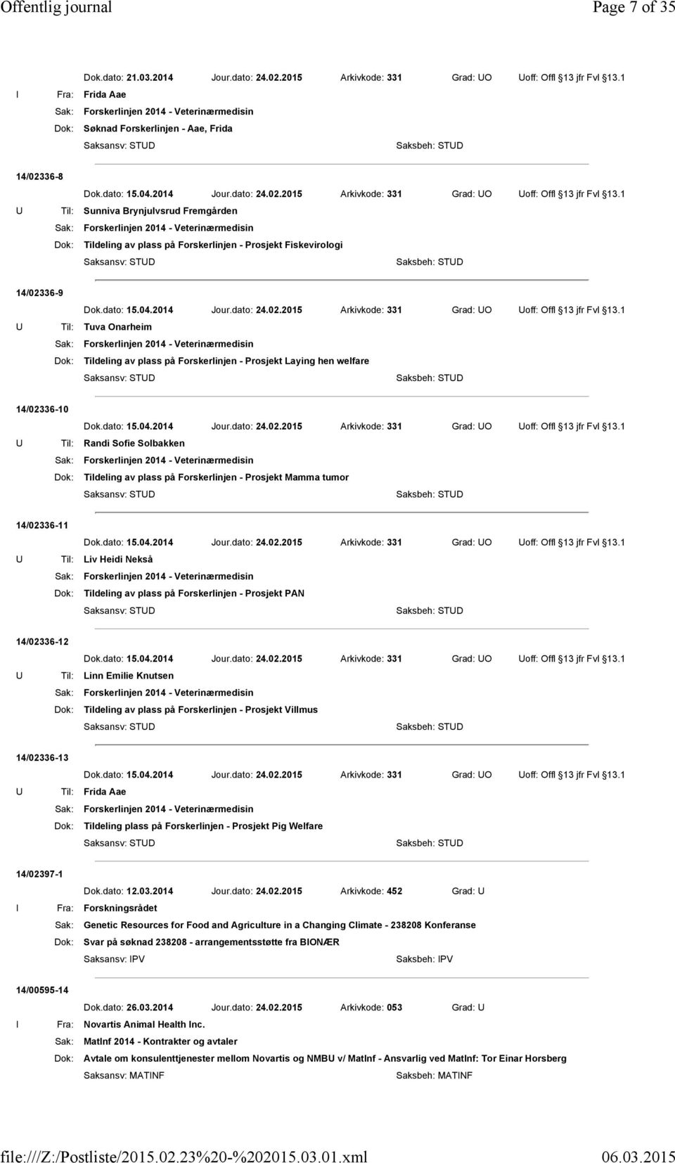 1 U Til: Sunniva Brynjulvsrud Fremgården Sak: Forskerlinjen 2014 - Veterinærmedisin Dok: Tildeling av plass på Forskerlinjen - Prosjekt Fiskevirologi 14/023