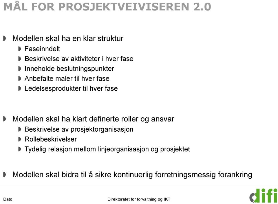 beslutningspunkter Anbefalte maler til hver fase Ledelsesprodukter til hver fase Modellen skal ha klart