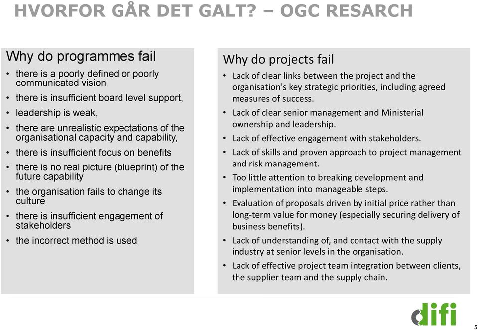 organisational capacity and capability, there is insufficient focus on benefits there is no real picture (blueprint) of the future capability the organisation fails to change its culture there is