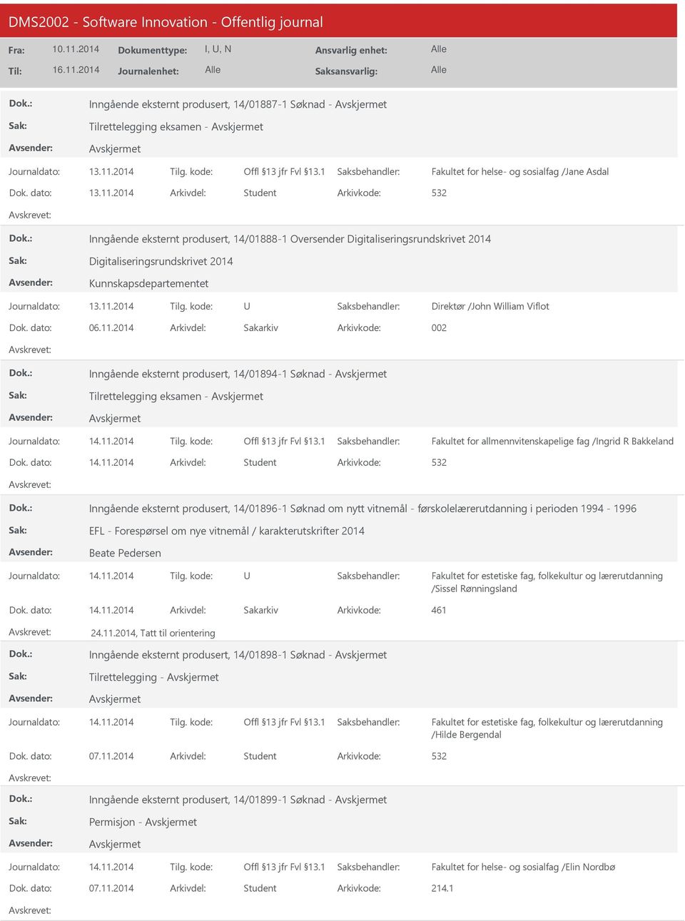 dato: 06.11.2014 Arkivdel: Sakarkiv Arkivkode: 002 Inngående eksternt produsert, 14/01894-1 Søknad - Tilrettelegging eksamen - Fakultet for allmennvitenskapelige fag /Ingrid R Bakkeland Dok. dato: 14.