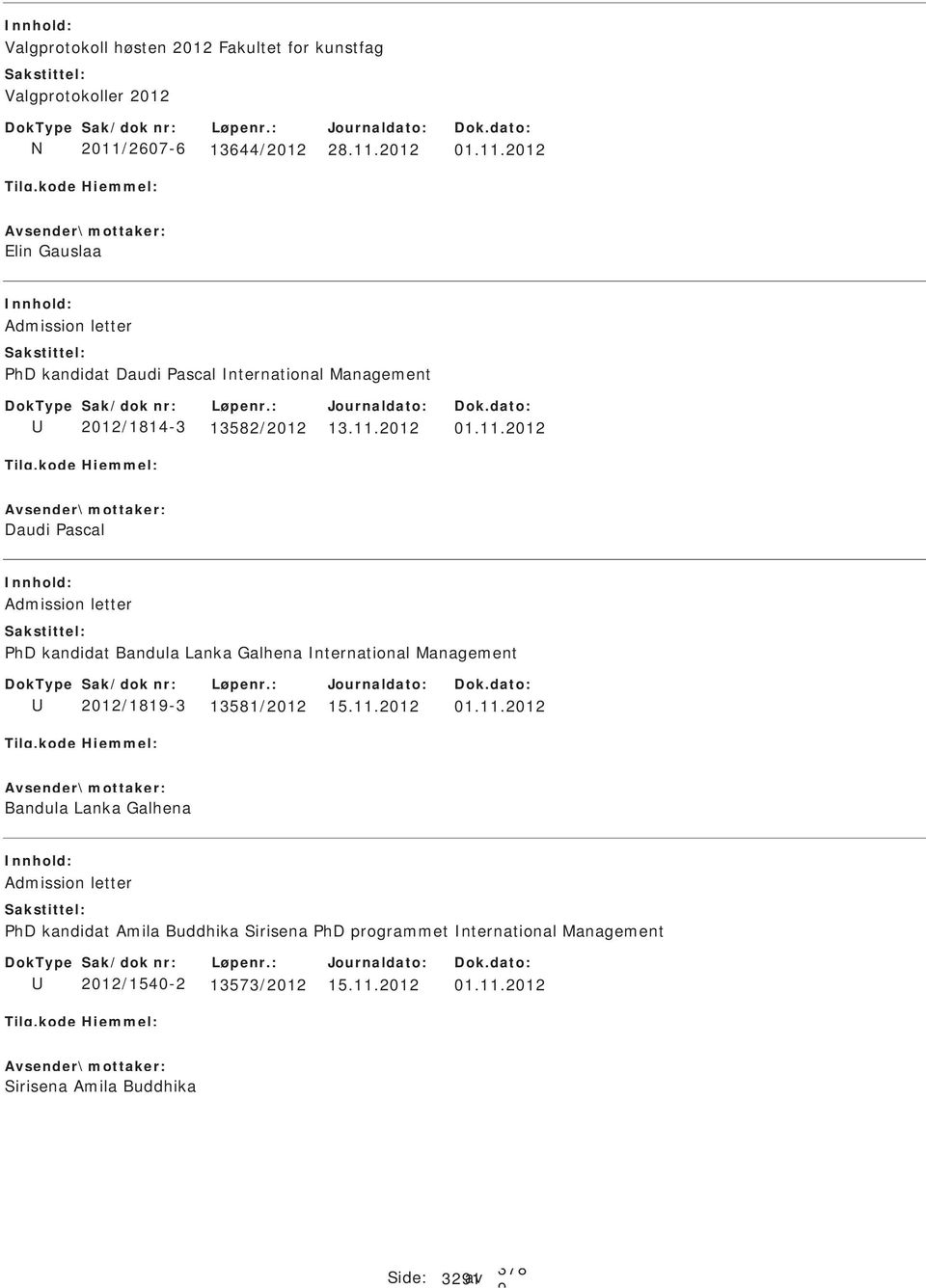 11.2012 01.11.2012 Daudi Pascal Admission letter PhD kandidat Bandula Lanka Galhena nternational Management 2012/181-3 13581/2012 15.11.2012