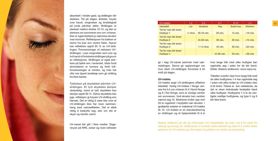 Refleksjoner fra bakken er større fra lyse enn mørke flater. Nysnø kan reflektere opptil 95 % av UV-strålingen. Forurensninger vil redusere UVstrålingen.