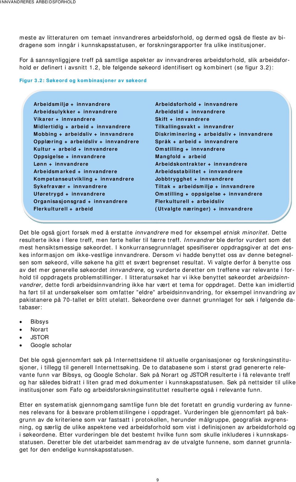 2: Søkeord og kombinasjoner av søkeord Arbeidsmiljø + innvandrere Arbeidsulykker + innvandrere Vikarer + innvandrere Midlertidig + arbeid + innvandrere Mobbing + arbeidsliv + innvandrere Opplæring +