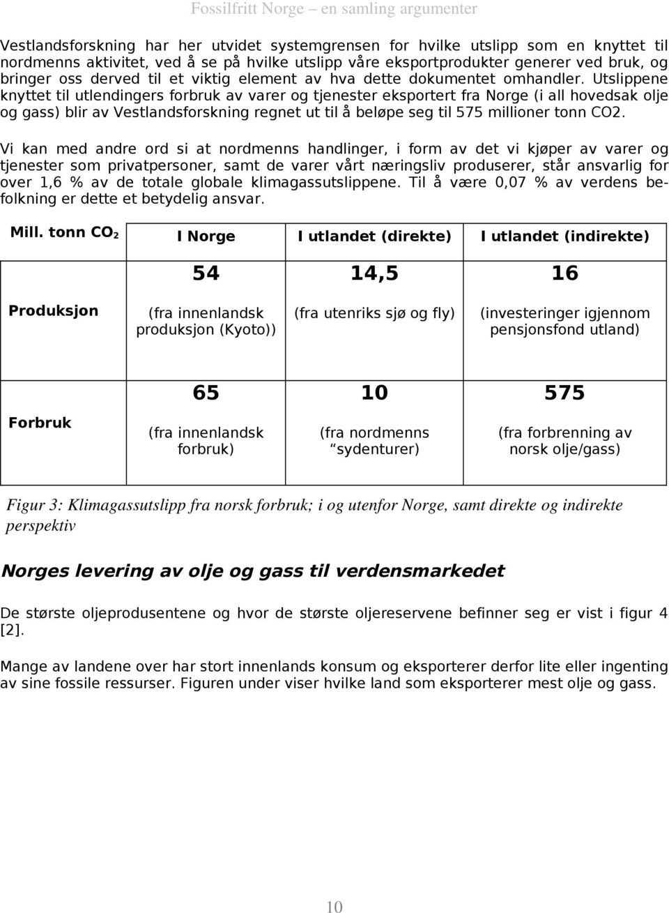 Utslippene knyttet til utlendingers forbruk av varer og tjenester eksportert fra Norge (i all hovedsak olje og gass) blir av Vestlandsforskning regnet ut til å beløpe seg til 575 millioner tonn CO2.