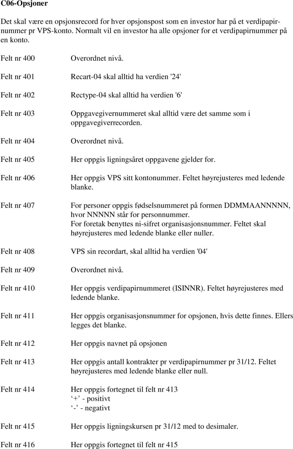 verdien '24' Rectype-04 skal alltid ha verdien '6' Oppgavegivernummeret skal alltid være det samme som i oppgavegiverrecorden. Her oppgis ligningsåret oppgavene gjelder for.