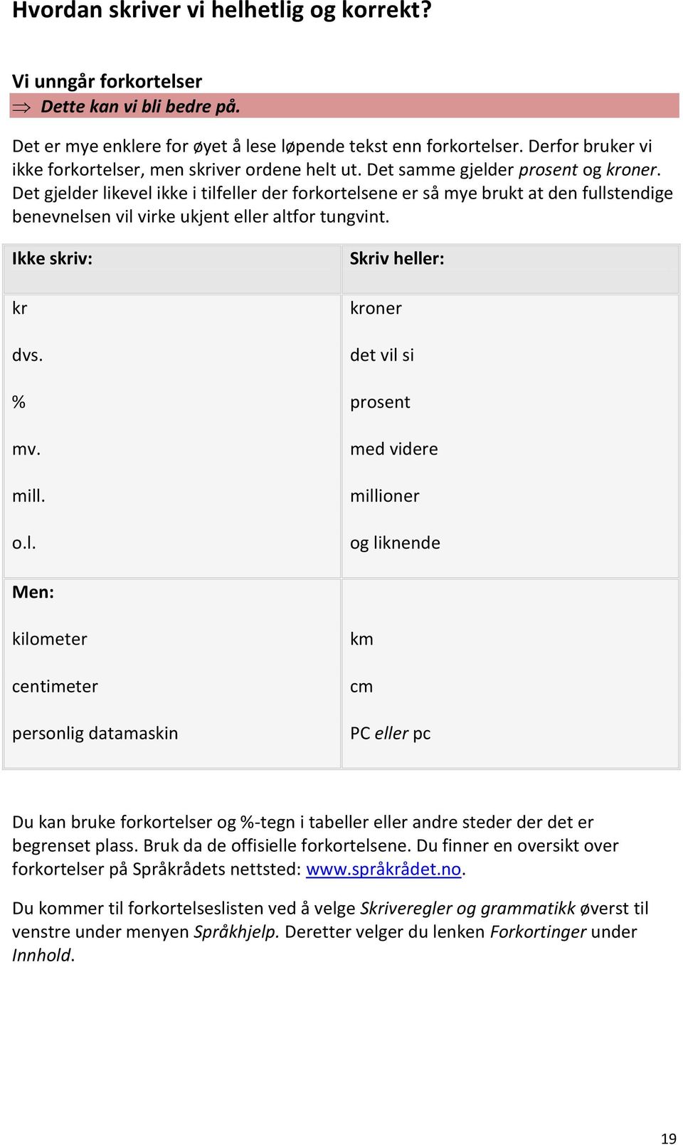 Det gjelder likevel ikke i tilfeller der forkortelsene er så mye brukt at den fullstendige benevnelsen vil virke ukjent eller altfor tungvint. Ikke skriv: kr dvs. kroner det vil si % prosent mv. mill.