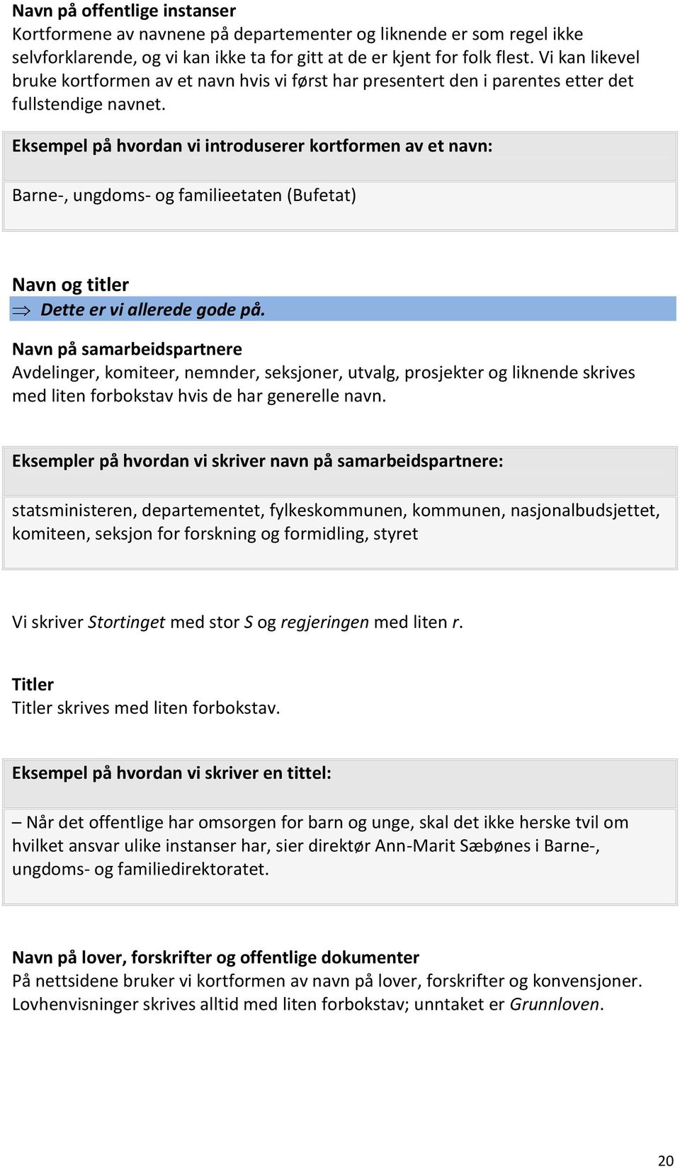 Eksempel på hvordan vi introduserer kortformen av et navn: Barne-, ungdoms- og familieetaten (Bufetat) Navn og titler Dette er vi allerede gode på.