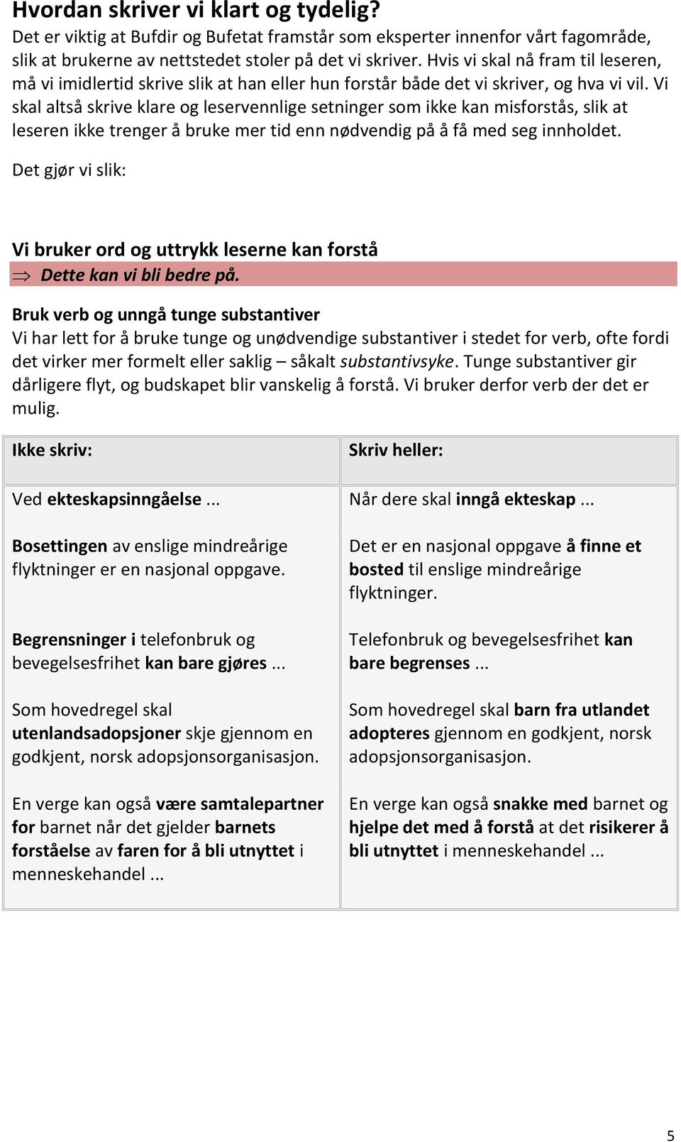 Vi skal altså skrive klare og leservennlige setninger som ikke kan misforstås, slik at leseren ikke trenger å bruke mer tid enn nødvendig på å få med seg innholdet.