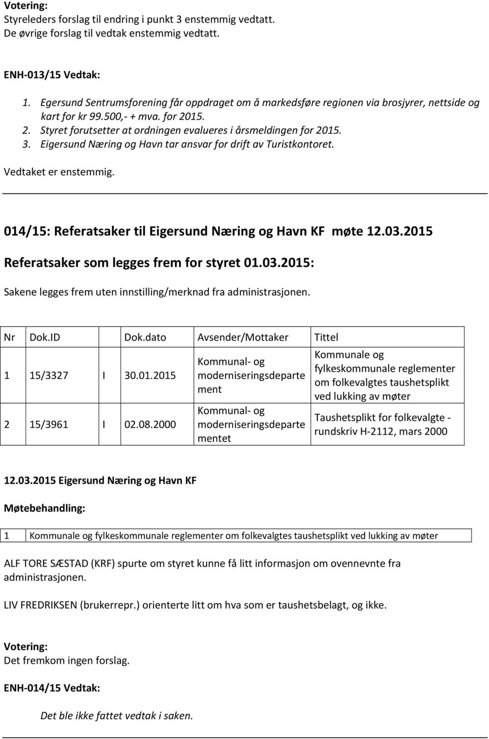 3. Eigersund Næring og Havn tar ansvar for drift av Turistkontoret. Vedtaket er enstemmig. 014/15: Referatsaker til Eigersund Næring og Havn KF møte 12.03.