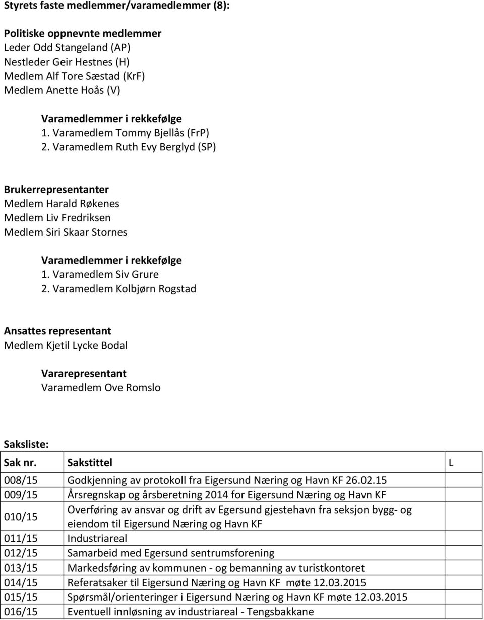 Varamedlem Ruth Evy Berglyd (SP) Brukerrepresentanter Medlem Harald Røkenes Medlem Liv Fredriksen Medlem Siri Skaar Stornes Varamedlemmer i rekkefølge 1. Varamedlem Siv Grure 2.