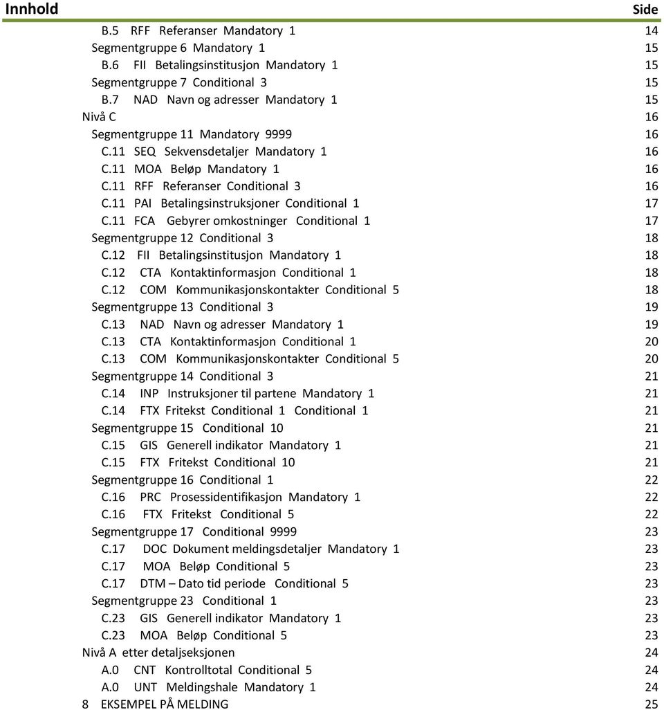 11 FCA Gebyrer omkostninger Conditional 1 17 12 Conditional 3 18 C.12 FII Betalingsinstitusjon Mandatory 1 18 C.12 CTA Kontaktinformasjon Conditional 1 18 C.