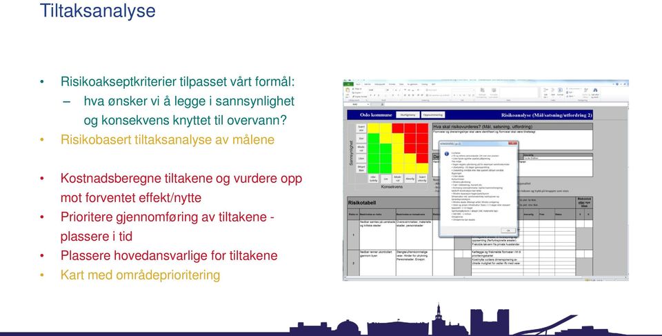 Risikobasert tiltaksanalyse av målene Kostnadsberegne tiltakene og vurdere opp mot