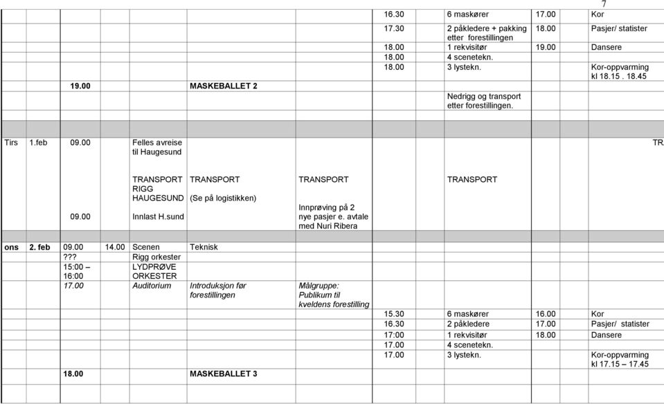 sund TRANSPORT (Se på logistikken) TRANSPORT Innprøving på 2 nye pasjer e. avtale med Nuri Ribera TRANSPORT ons 2. feb 09.00 14.00 Scenen Teknisk??? Rigg orkester 15:00 16:00 LYDPRØVE ORKESTER 17.