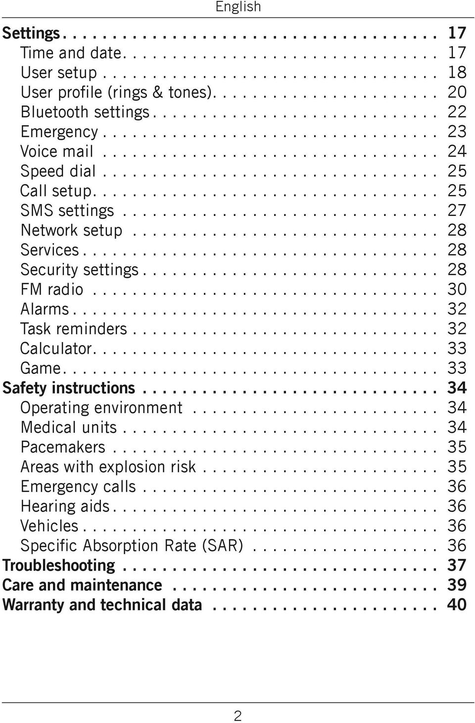 .................................. 25 Call setup................................... 25 SMS settings................................. 27 Network setup................................ 28 Services.