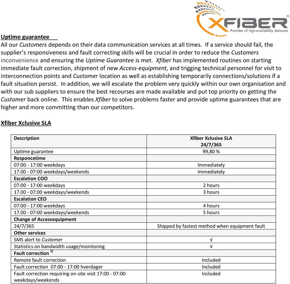 Xfiber has implemented routines on starting immediate fault correction, shipment of new Access-equipment, and trigging technical personnel for visit to interconnection points and Customer location as