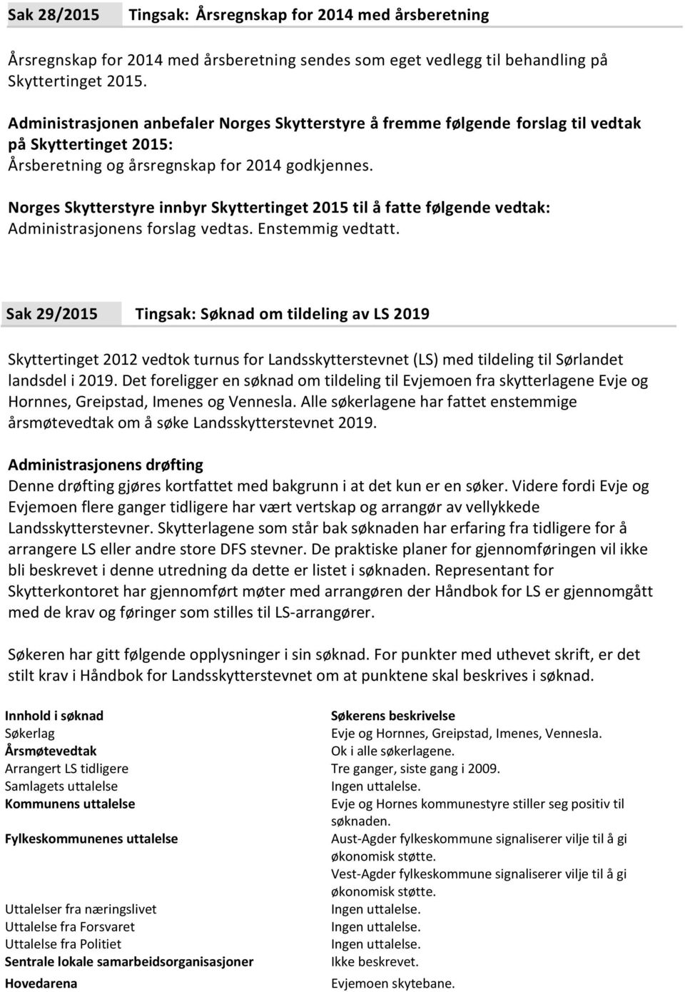 Norges Skytterstyre innbyr Skyttertinget 2015 til å fatte følgende vedtak: Administrasjonens forslag vedtas. Enstemmig vedtatt.