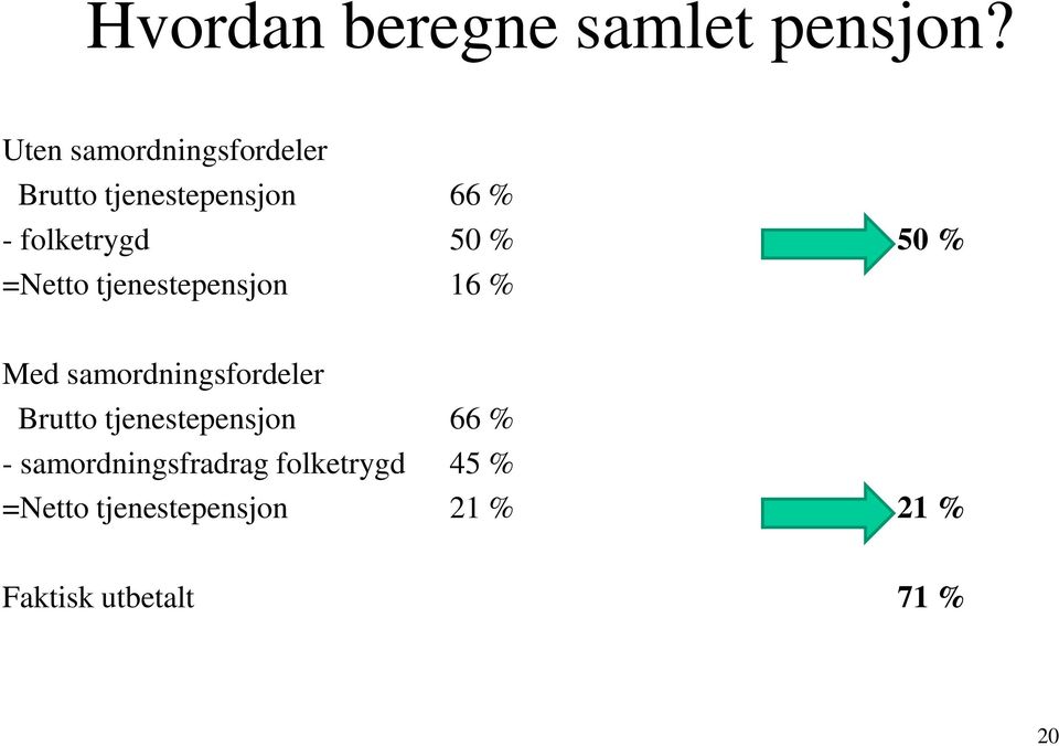 50 % =Netto tjenestepensjon 16 % Med samordningsfordeler Brutto