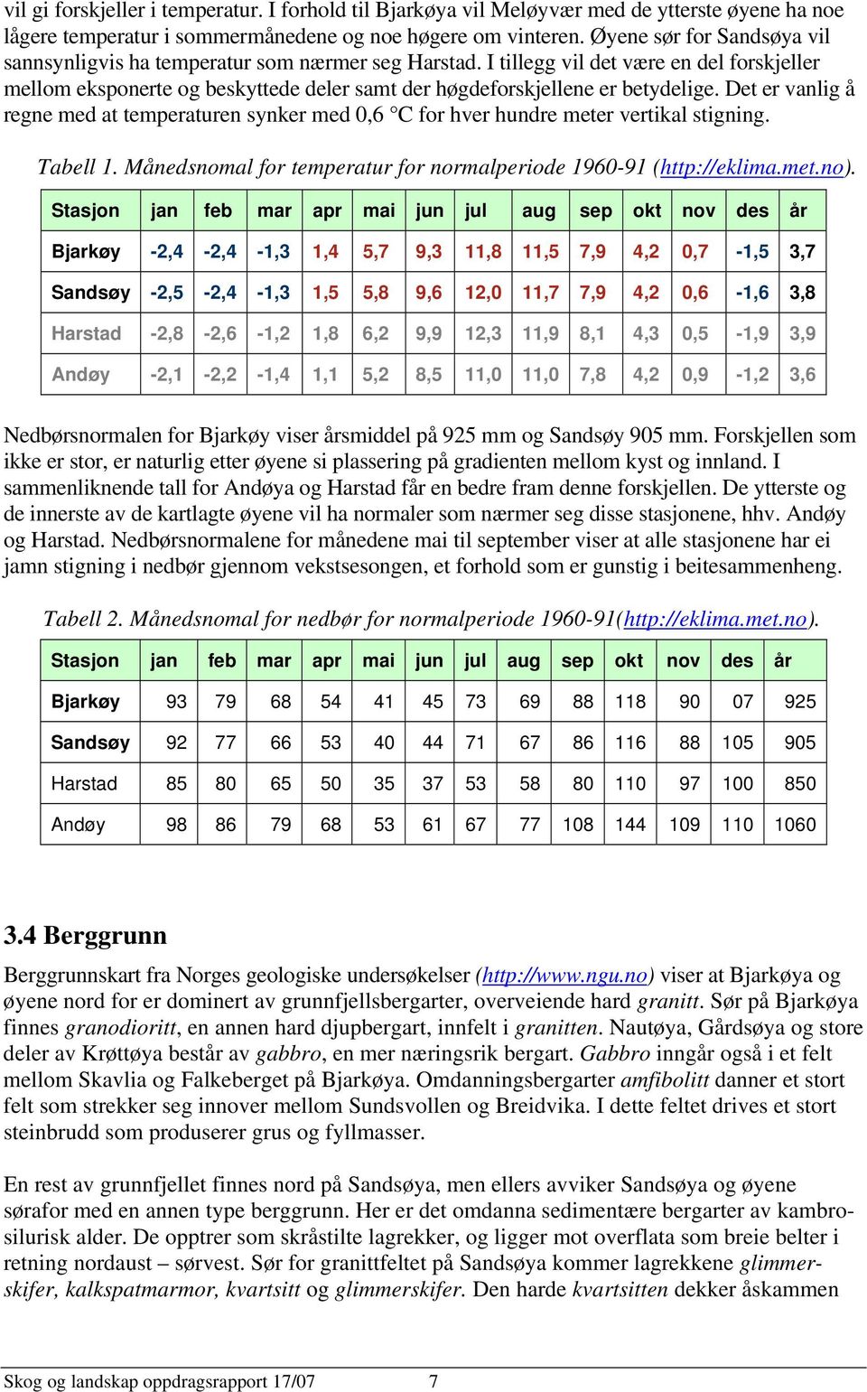 Det er vanlig å regne med at temperaturen synker med 0,6 C for hver hundre meter vertikal stigning. Tabell 1. Månedsnomal for temperatur for normalperiode 1960-91 (http://eklima.met.no).