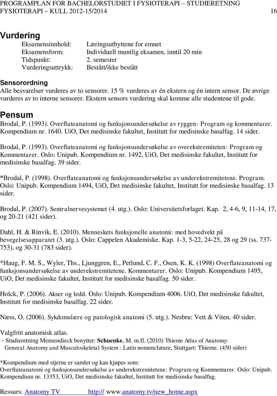 Ekstern sensors vurdering skal komme alle studentene til gode. Pensum Brodal, P. (1993). Overflateanatomi og funksjonsundersøkelse av ryggen: Program og kommentarer. Kompendium nr. 1640.