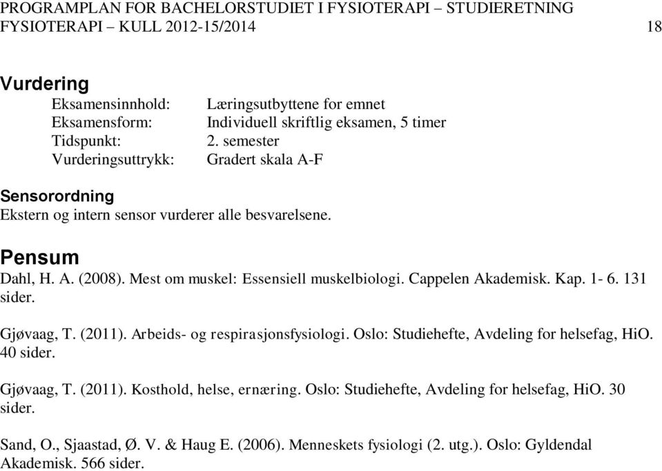 Cappelen Akademisk. Kap. 1-6. 131 sider. Gjøvaag, T. (2011). Arbeids- og respirasjonsfysiologi. Oslo: Studiehefte, Avdeling for helsefag, HiO. 40 sider. Gjøvaag, T. (2011). Kosthold, helse, ernæring.