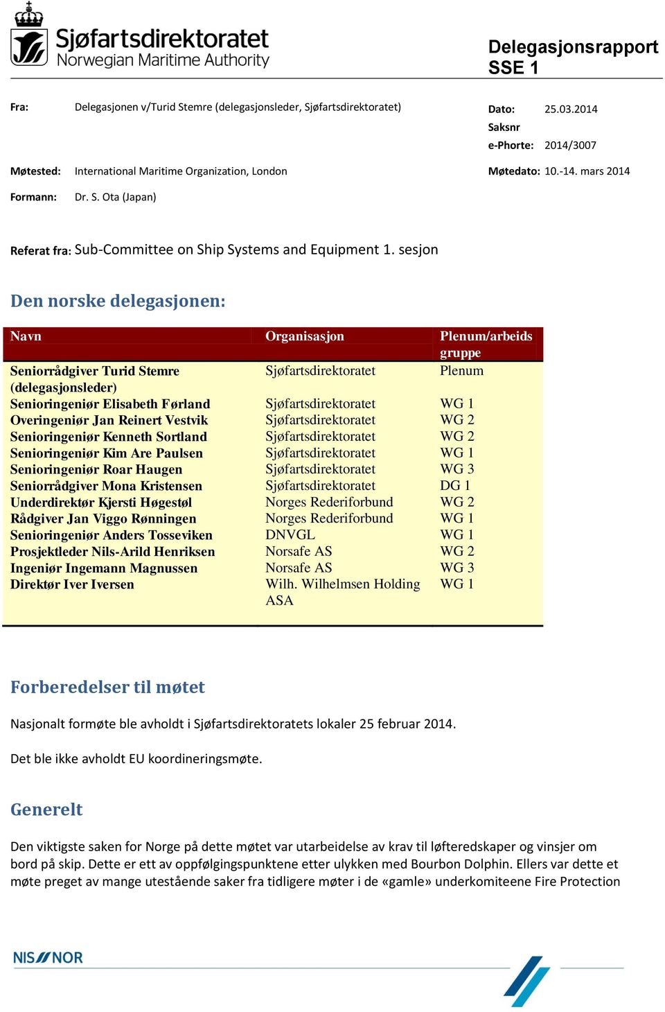 sesjon Den norske delegasjonen: Navn Organisasjon Plenum/arbeids gruppe Seniorrådgiver Turid Stemre Sjøfartsdirektoratet Plenum (delegasjonsleder) Senioringeniør Elisabeth Førland