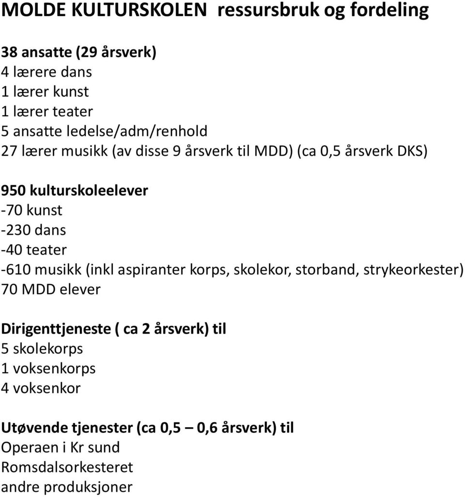 -40 teater -610 musikk (inkl aspiranter korps, skolekor, storband, strykeorkester) 70 MDD elever Dirigenttjeneste ( ca 2 årsverk)