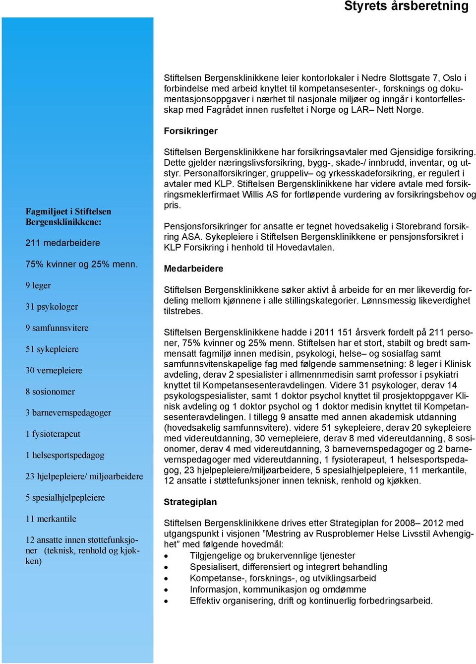 Forsikringer Fagmiljøet i Stiftelsen Bergensklinikkene: 211 medarbeidere 75% kvinner og 25% menn.