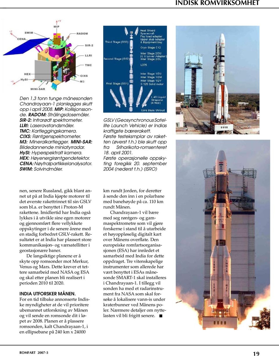 CENA: Nøytralpartikkelanalysator. SWIM: Solvindmåler. GSLV (Geosynchronous Satellite Launch Vehicle) er Indias kraftigste bærerakett. Første testeksmplar av raketten (øverst t.h.) ble skutt opp fra Sriharikota-romsenteret 18.