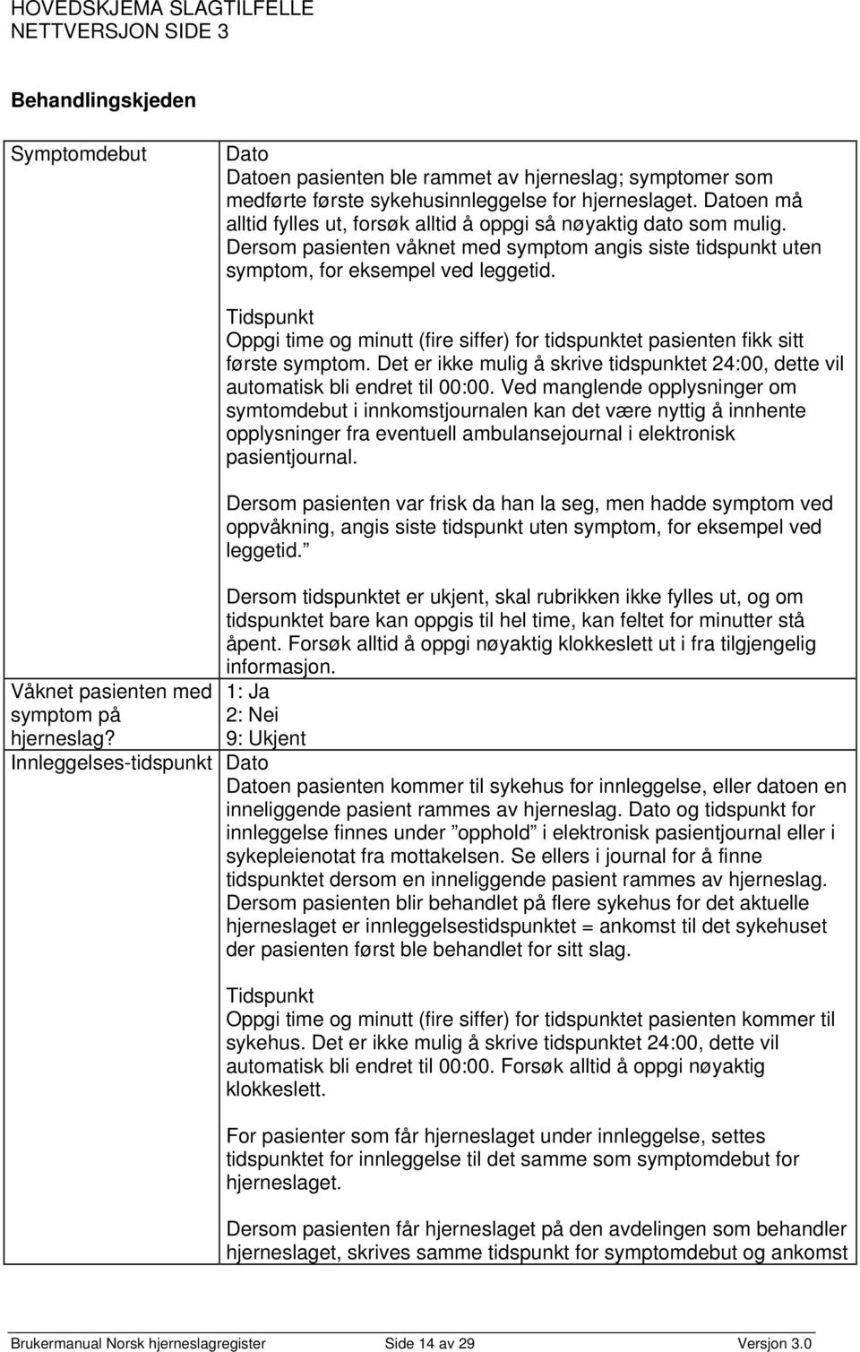 Våknet pasienten med symptom på hjerneslag? Tidspunkt Oppgi time og minutt (fire siffer) for tidspunktet pasienten fikk sitt første symptom.