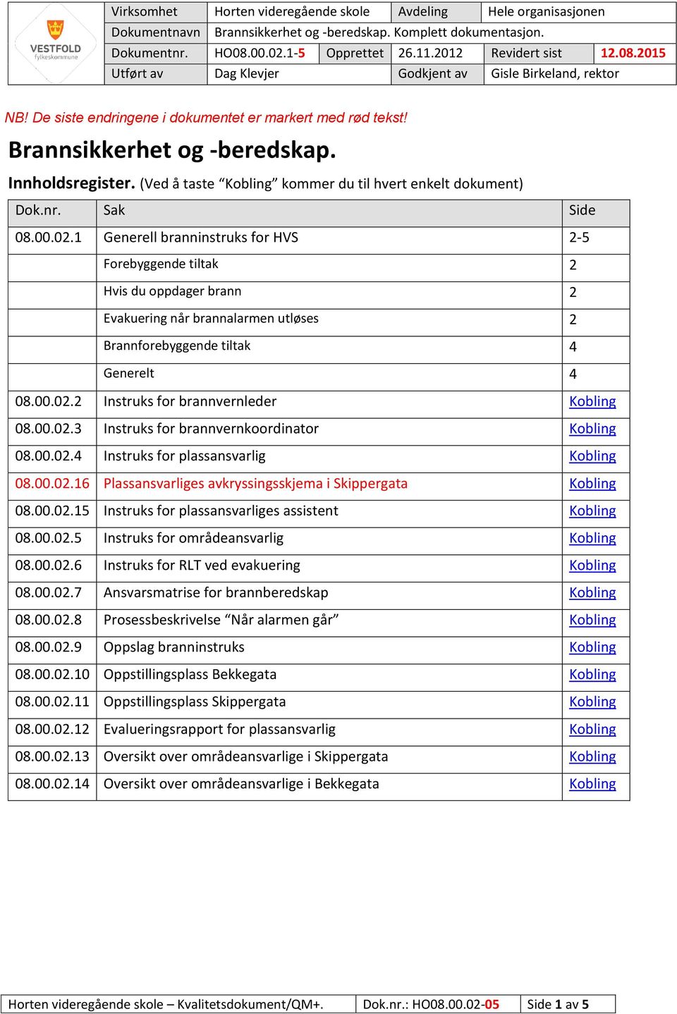 (Ved å taste Kobling kommer du til hvert enkelt dokument) Dok.nr. Sak Side 08.00.02.