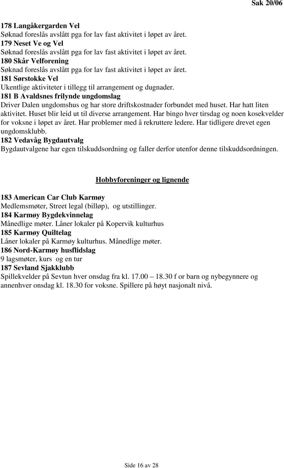 181 B Avaldsnes frilynde ungdomslag Driver Dalen ungdomshus og har store driftskostnader forbundet med huset. Har hatt liten aktivitet. Huset blir leid ut til diverse arrangement.