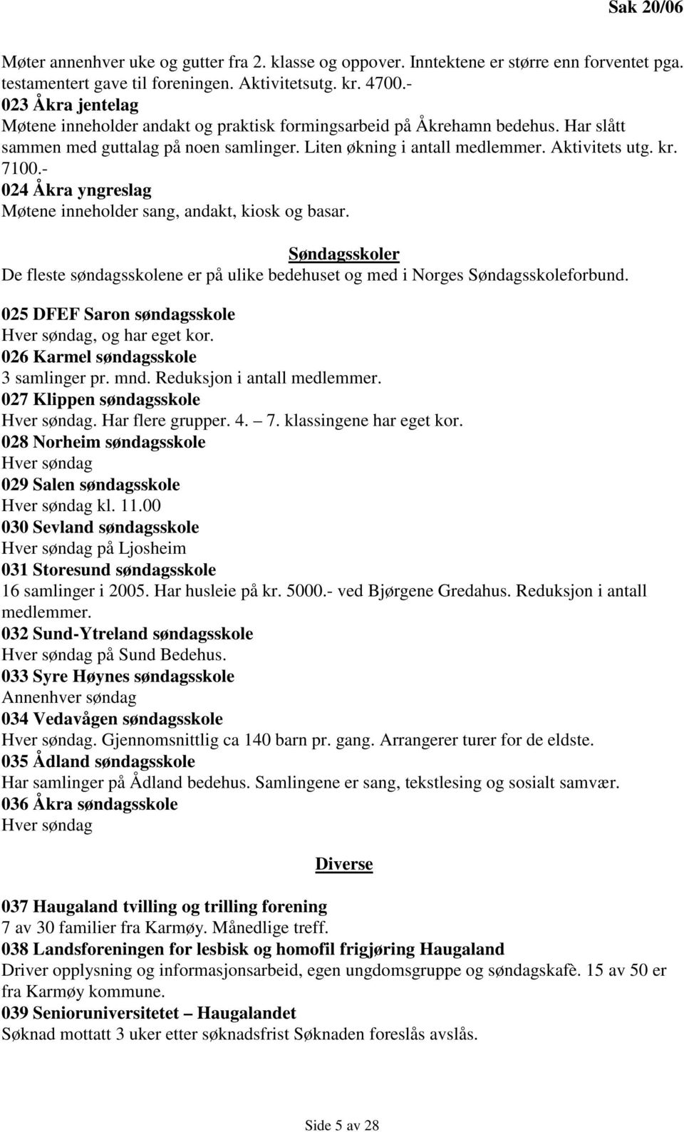 - 024 Åkra yngreslag Møtene inneholder sang, andakt, kiosk og basar. Søndagsskoler De fleste søndagsskolene er på ulike bedehuset og med i Norges Søndagsskoleforbund.