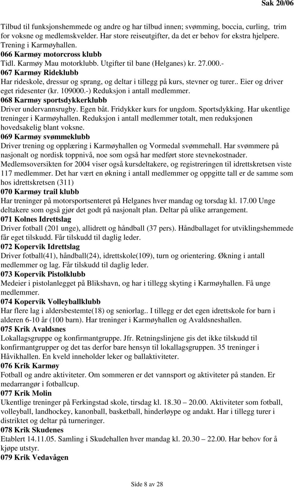 - 067 Karmøy Rideklubb Har rideskole, dressur og sprang, og deltar i tillegg på kurs, stevner og turer.. Eier og driver eget ridesenter (kr. 109000.-) Reduksjon i antall medlemmer.