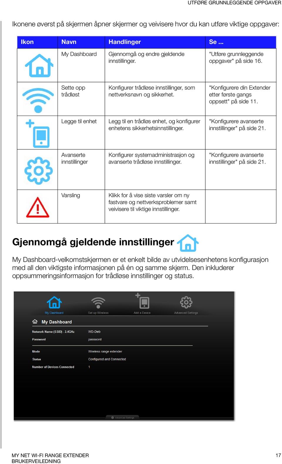 "Konfigurere din Extender etter første gangs oppsett" på side 11. Legge til enhet Legg til en trådløs enhet, og konfigurer enhetens sikkerhetsinnstillinger.