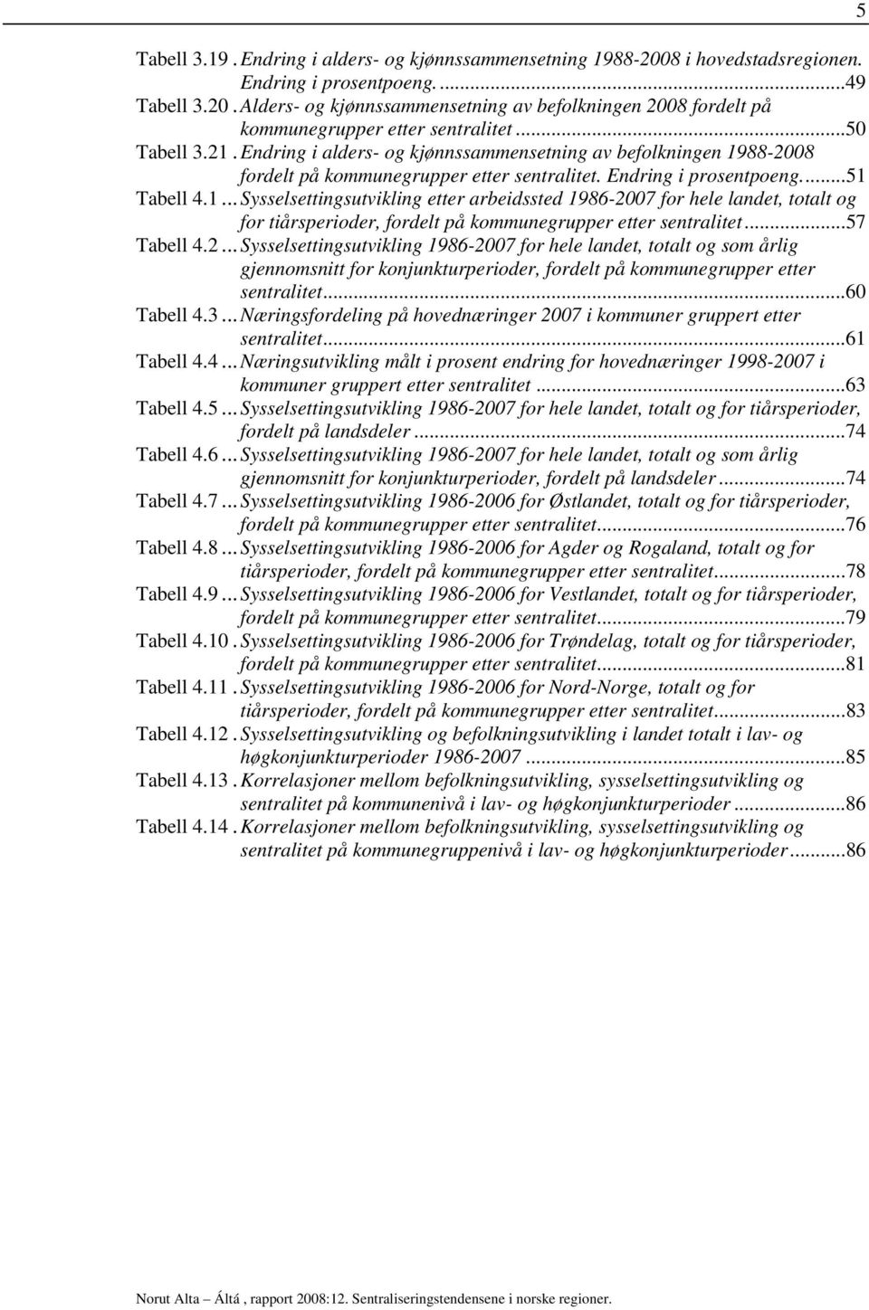 ..57 Tabell 4.2...Sysselsettingsutvikling 1986-2007 for hele landet, totalt og som årlig gjennomsnitt for konjunkturperioder, fordelt på kommunegrupper etter sentralitet...60 Tabell 4.3.