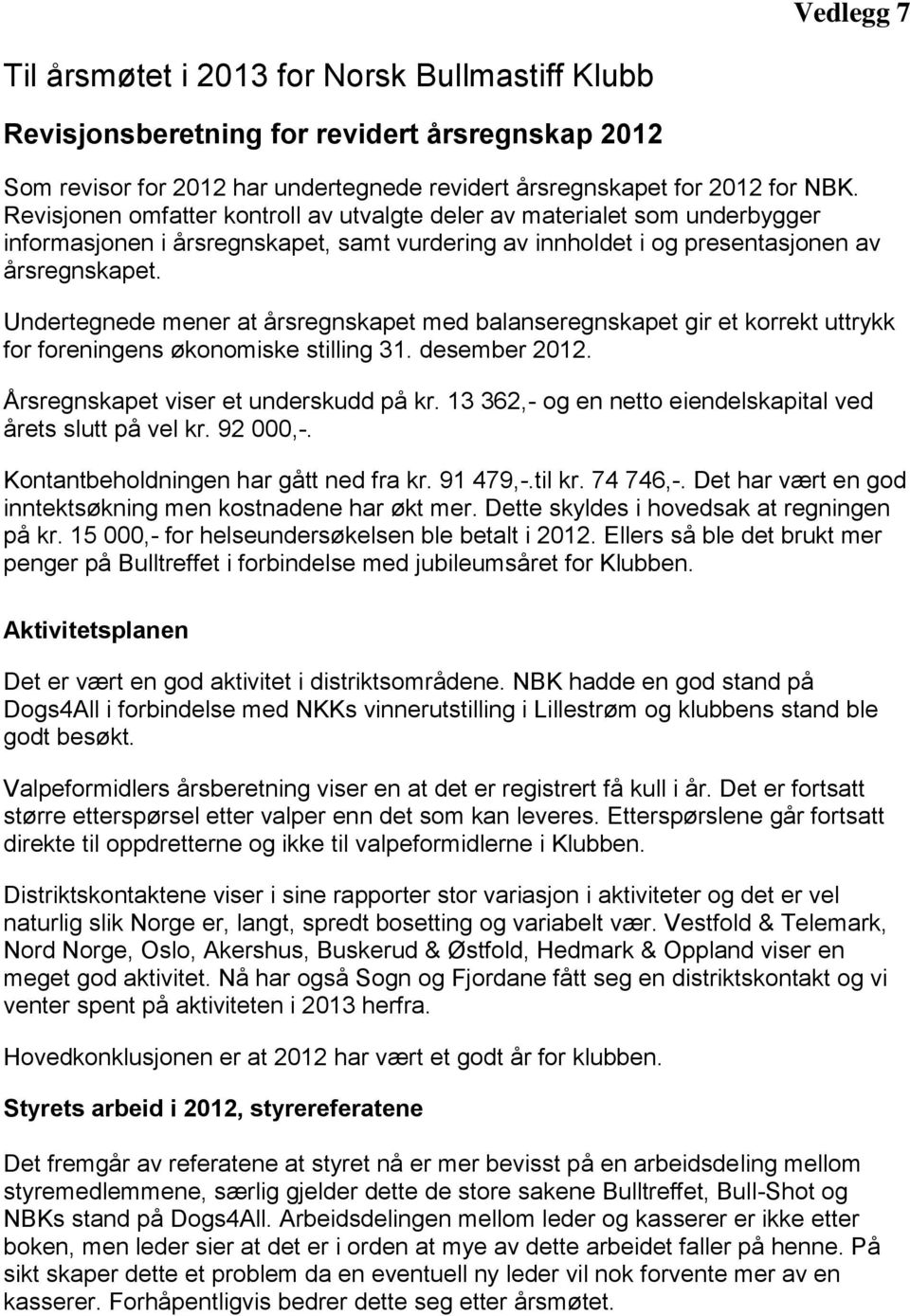 Undertegnede mener at årsregnskapet med balanseregnskapet gir et korrekt uttrykk for foreningens økonomiske stilling 31. desember 2012. Årsregnskapet viser et underskudd på kr.