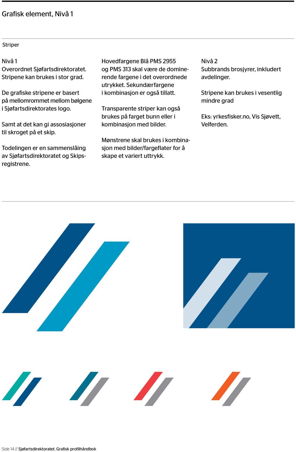 Hovedfargene Blå PMS 2955 og PMS 313 skal være de dominerende fargene i det overordnede utrykket. Sekundærfargene i kombinasjon er også tillatt.