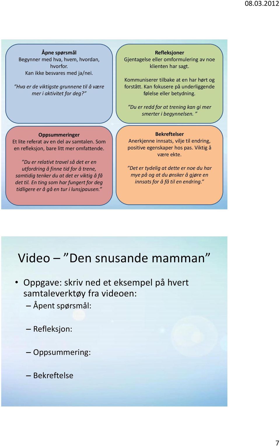 Du er redd for at trening kan gi mer smerter i begynnelsen. Oppsummeringer Et lite referat av en del av samtalen. Som en refleksjon, bare litt mer omfattende.