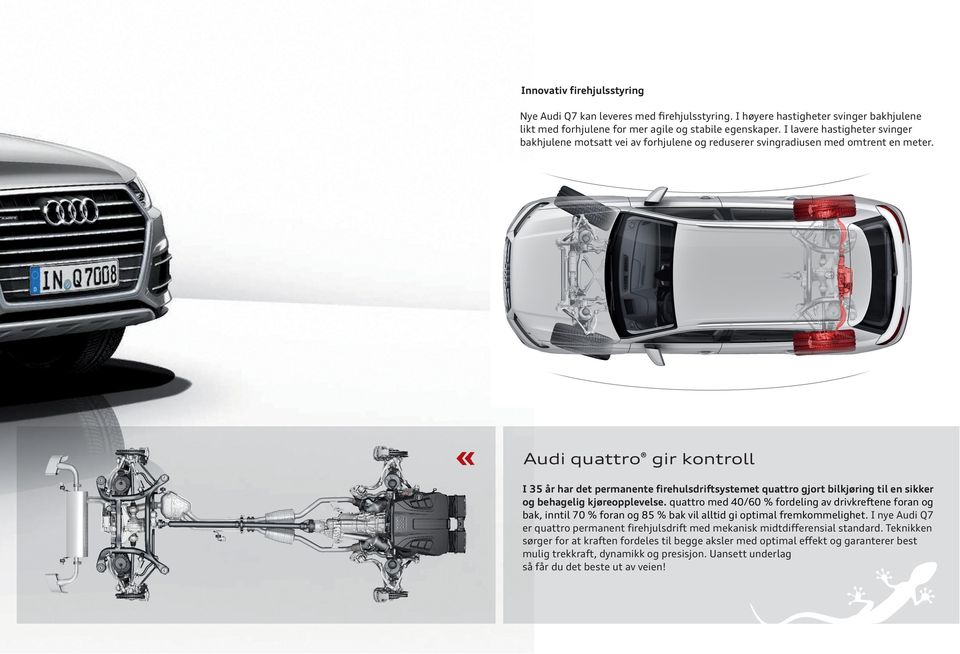 «Audi quattro gir kontroll I 35 år har det permanente firehulsdriftsystemet quattro gjort bilkjøring til en sikker og behagelig kjøreopplevelse.